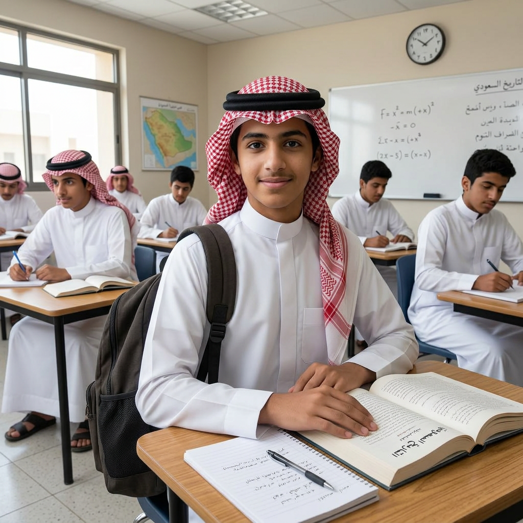 Saudi student in traditional attire sitting at a desk with an open book and notebook in a classroom